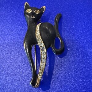 Vintage Retro Black Cat Brooch with Rhinestone Accents